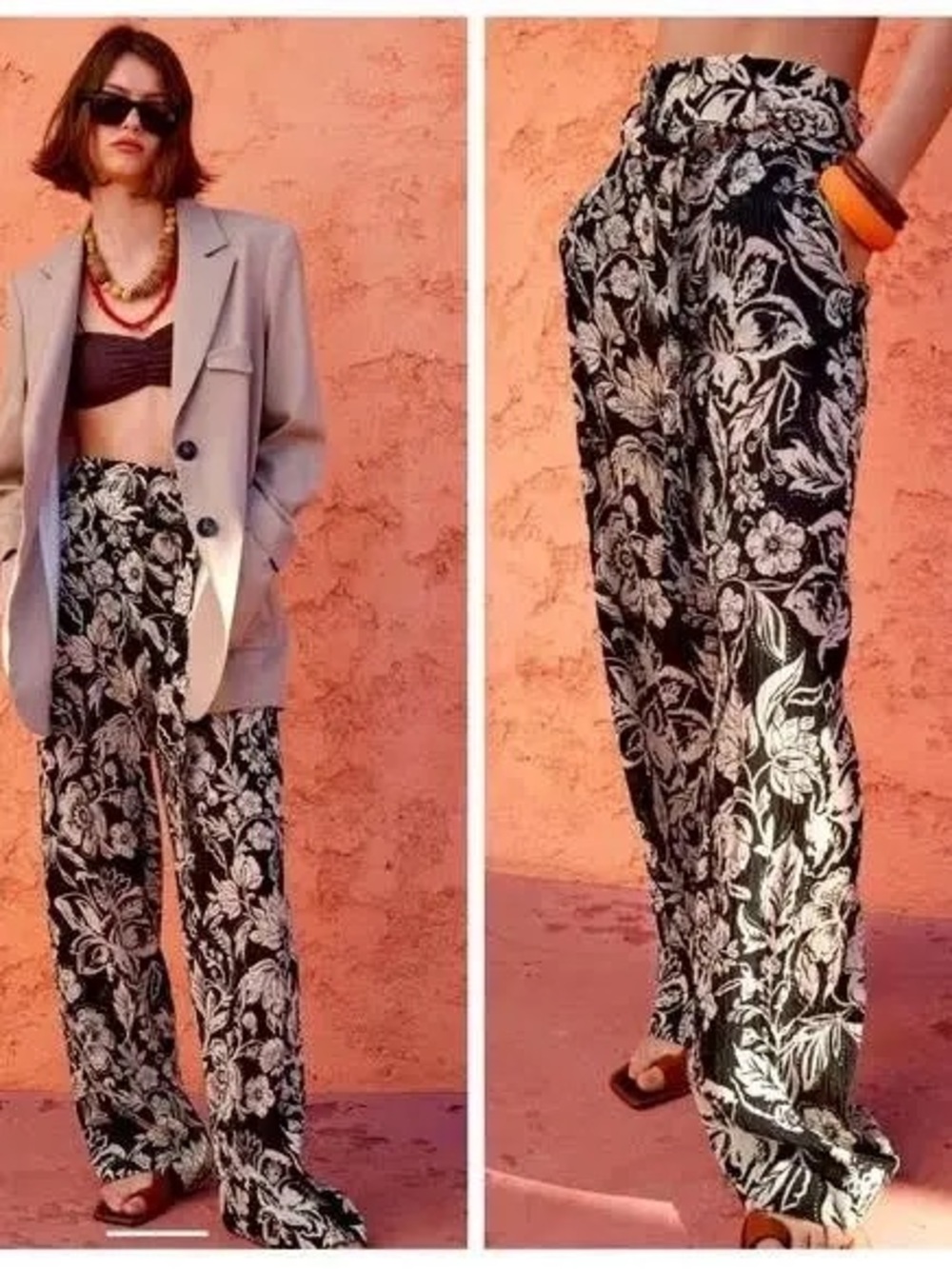 Zara Black and White High-Waist Wide-Leg Floral Pants